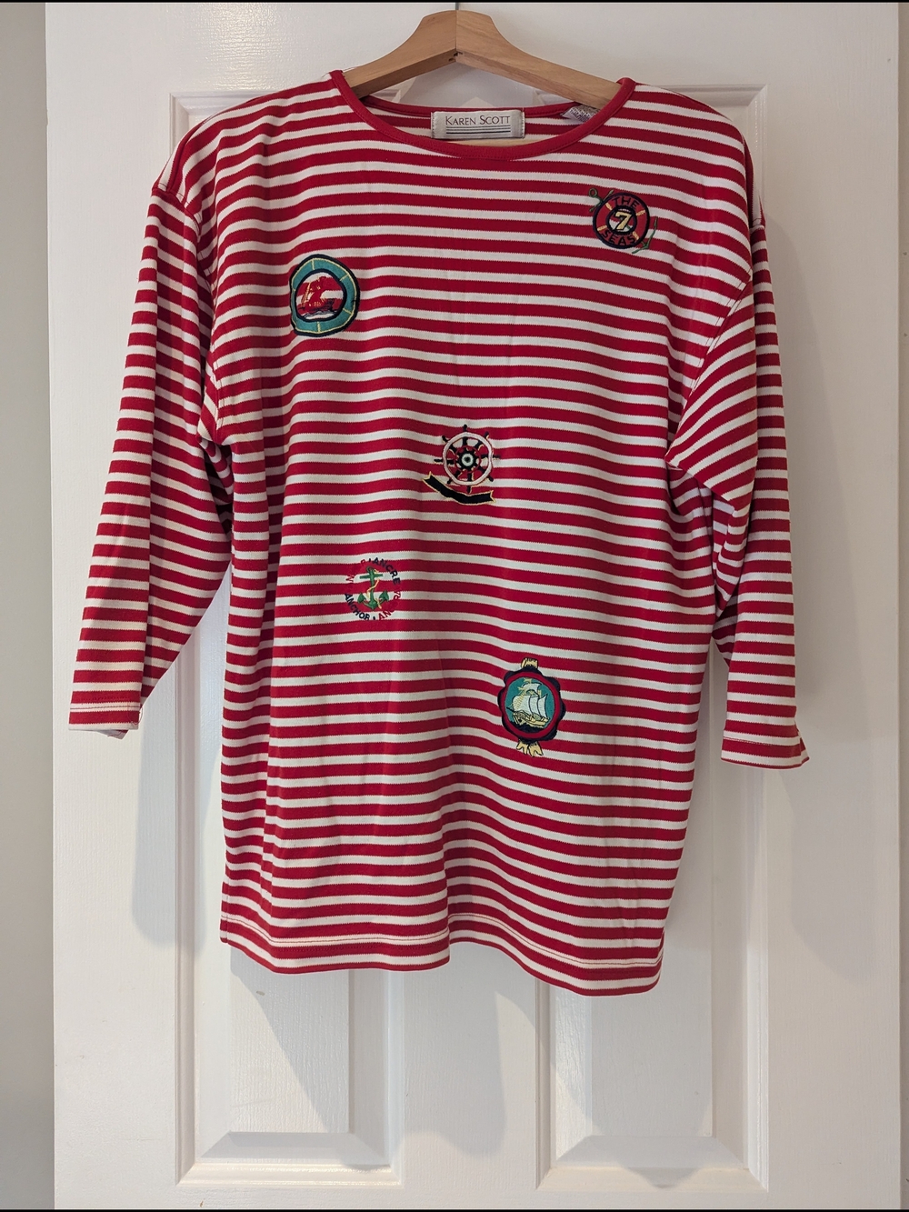 Vintage 90s Nautical Karen Scott Red White Striped Patch Embroidered Knit Top S